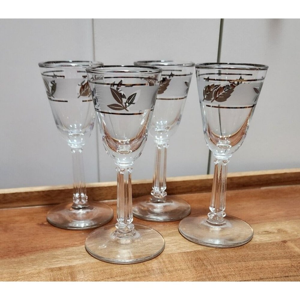 4) Libbey Cordial Glasses 4.25" Hostess Set 1oz Silver Leaf Foliage